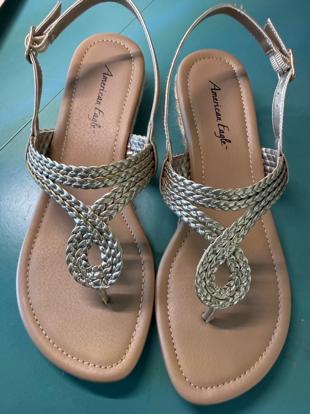 American Eagle Outfitters Gold Braided Thong Sandals with Tan Footbed